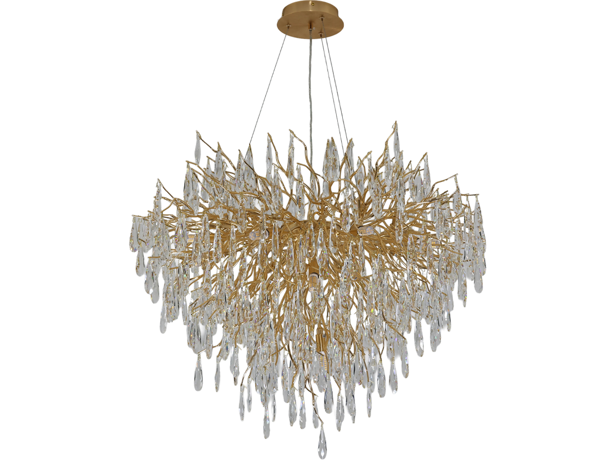 Luxusní lustry Goccia se zlatými větvemi a křišťálovými kapkami. Elegantní osvětlení pro moderní a reprezentativní interiéry.