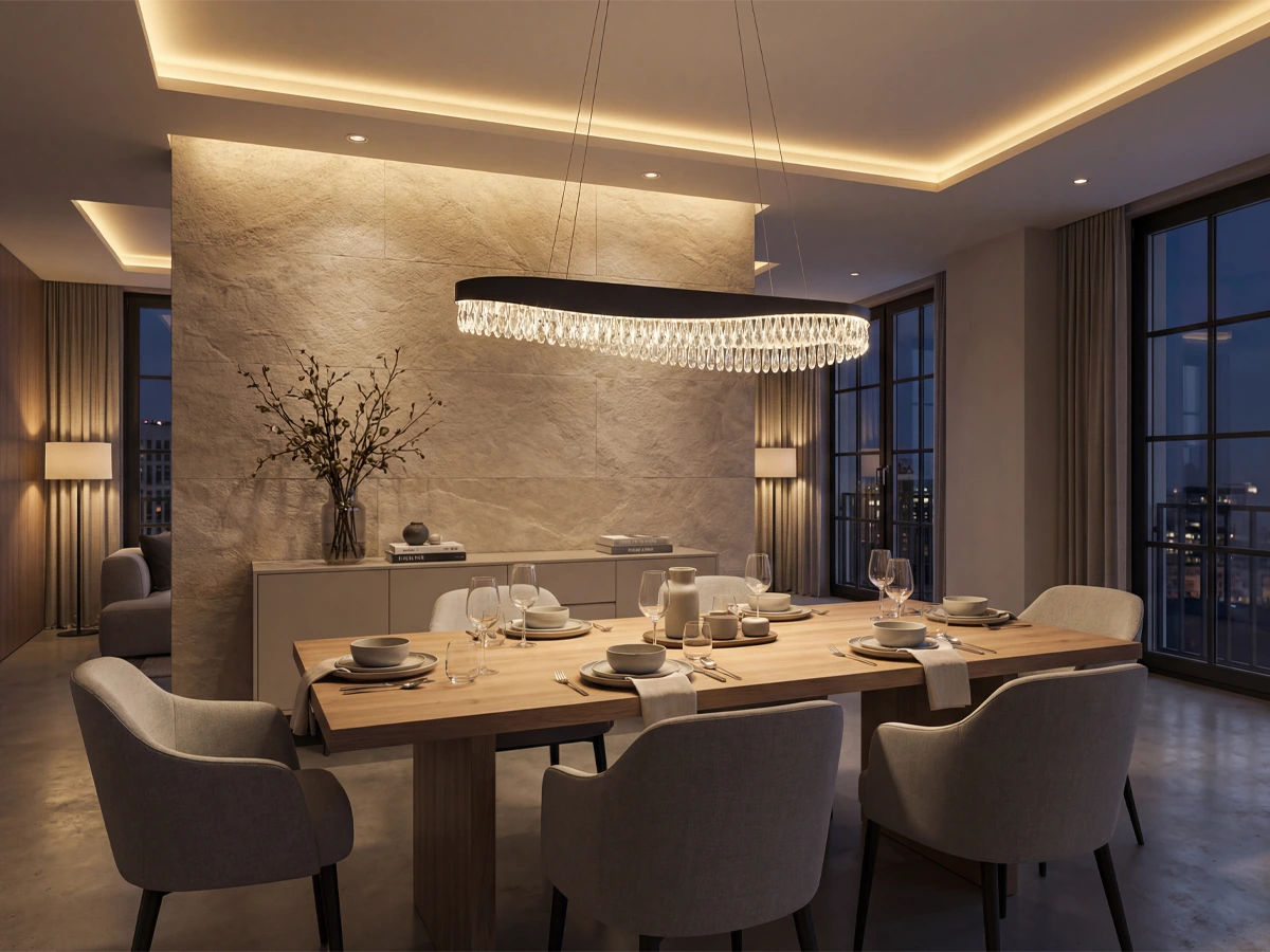 Svítidla s křišťálovými detaily a kontrastním provedením, která dodávají prostoru výrazný vizuální efekt.