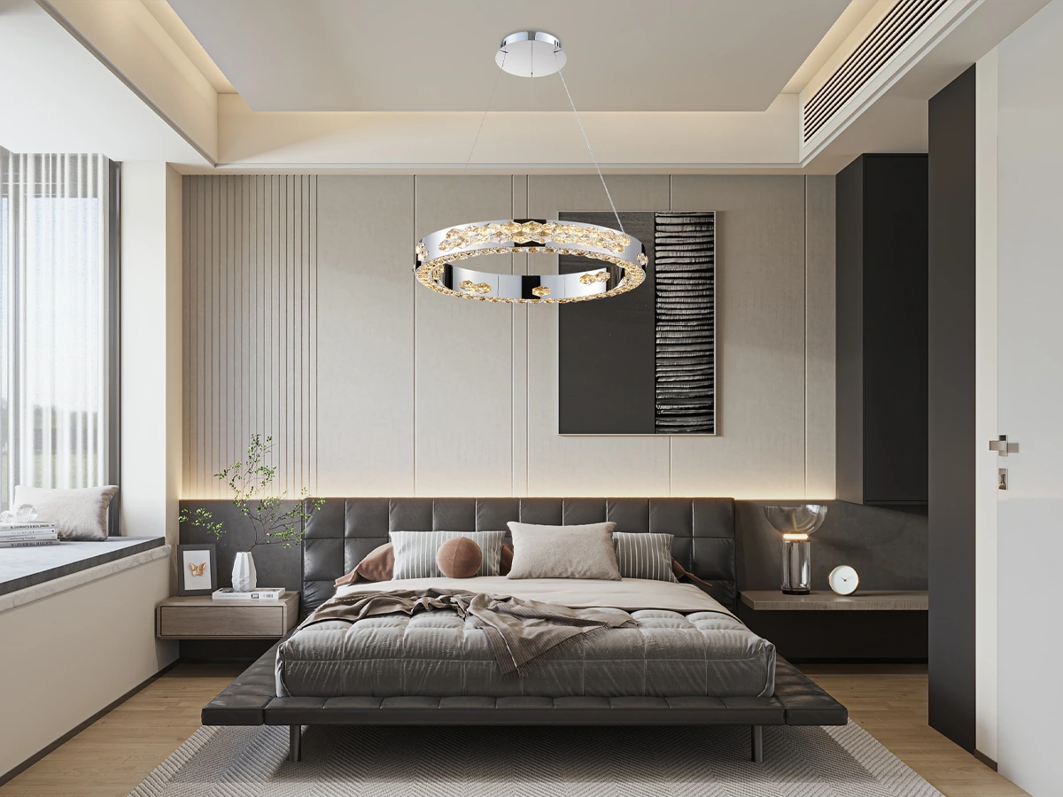 Svítidla s křišťálem a chromovým akcentem, která dodávají prostoru nadčasový charakter.