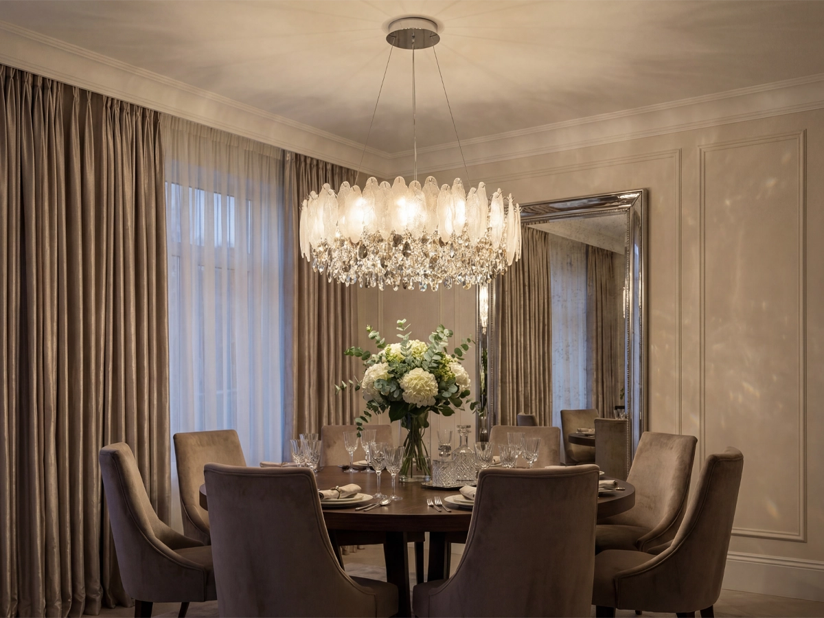 Osvětlení s bohatým detailem a křišťálovými prvky, které zvýrazní eleganci a atmosféru interiéru.